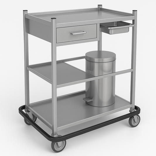 Carro de pensos c/ para-choques, c/ gaveta, 2 prateleiras, tabuleiro e balde de 12 lt. (ref. 10.CR.1515)