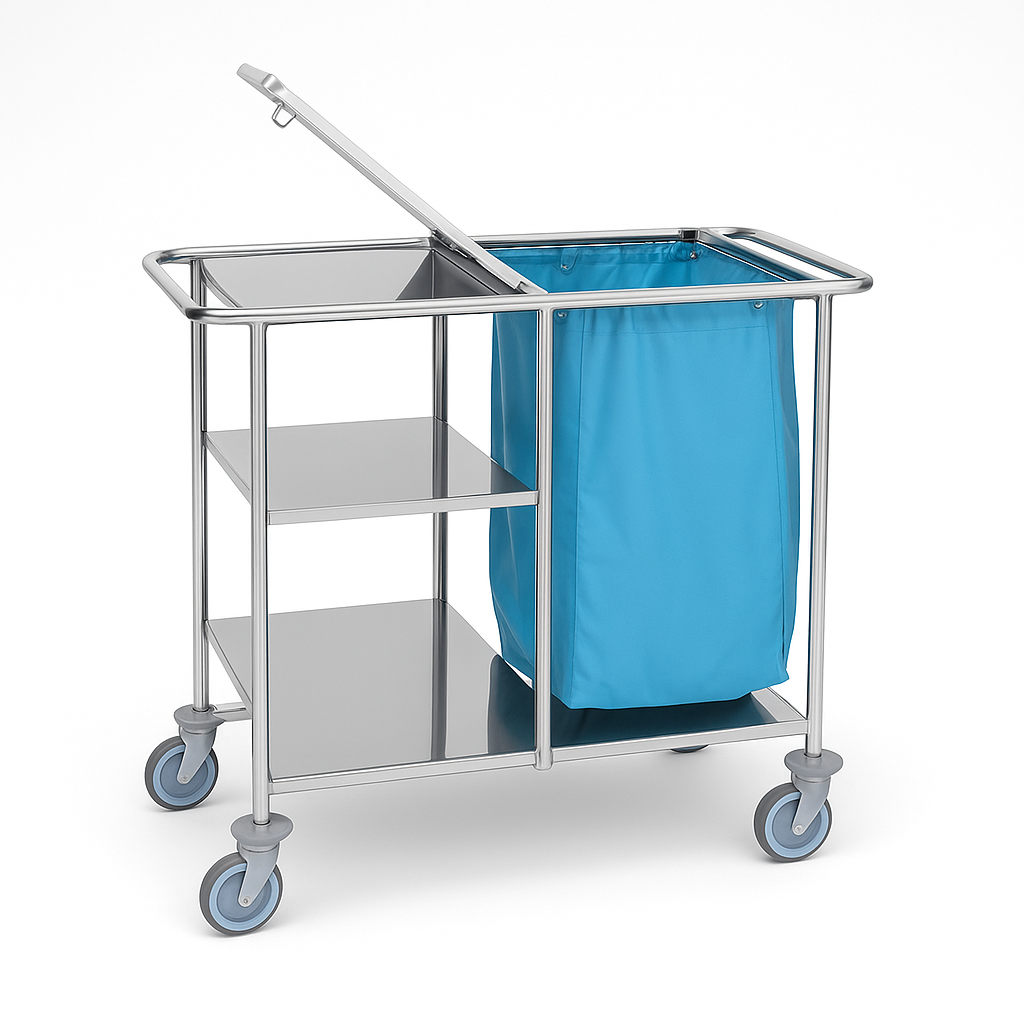 Carro de roupa suja e limpa c/ tampo, em aço inoxidável (ref. 10.CR.1551)