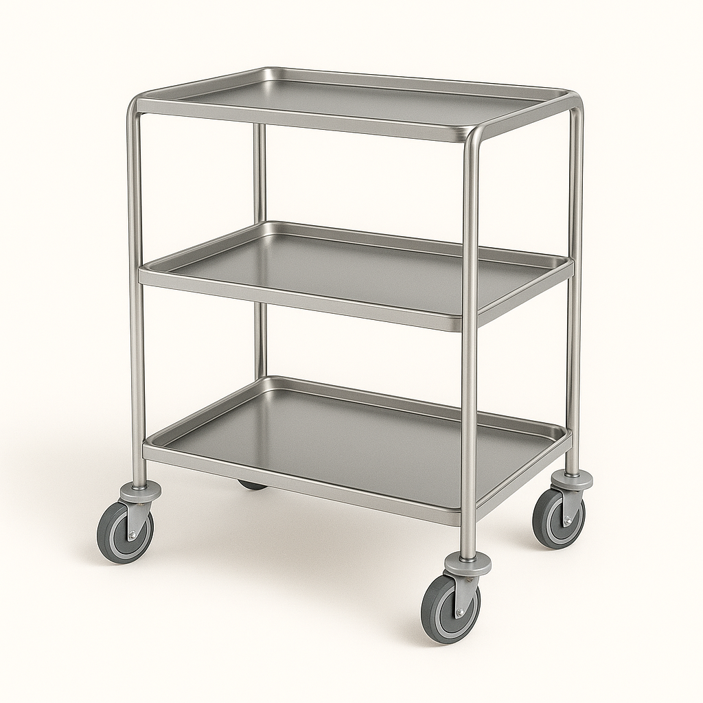 Carro auxiliar, estrutura inox, 3 prateleiras amoviveis em fenólico 5mm, c/ rodas (ref. 10.E.0445)
