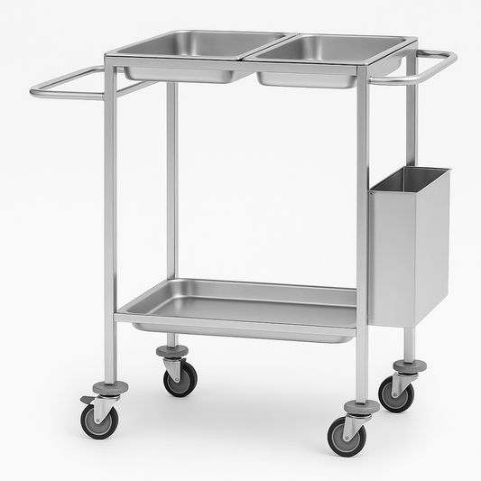 Carro de pensos c/ 2 bandejas e balde do lixo em aço inoxidável (ref. 10.MC.7110)