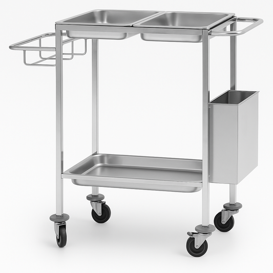 Carro de pensos c/ 3 bandejas, cesto e balde do lixo em aço inoxidável (ref. 10.MC.7111)