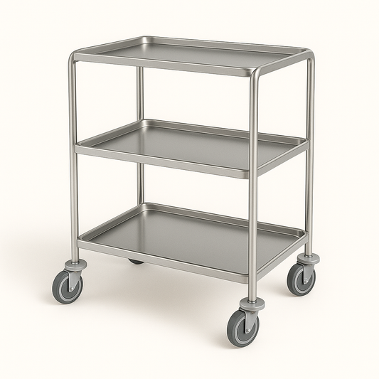 Carro auxiliar, estrutura inox, 3 prateleiras amoviveis em fenólico 5mm, c/ rodas (ref. 10.E.0445)